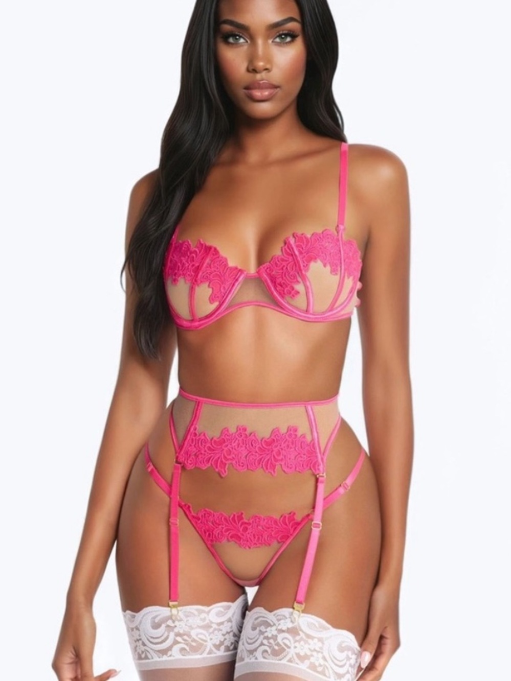2/70$🔥Hot Pink Lace Three-Piece Lingerie Set with Garter